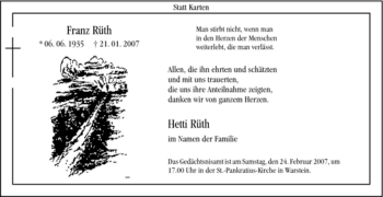 Todesanzeige von Franz Rüth von WESTFÄLISCHER ANZEIGER
