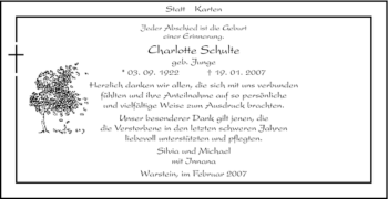 Todesanzeige von Charlotte Schulte von WESTFÄLISCHER ANZEIGER
