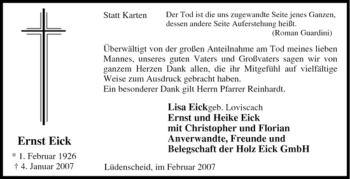 Todesanzeige von Ernst Eick von WESTFÄLISCHER ANZEIGER