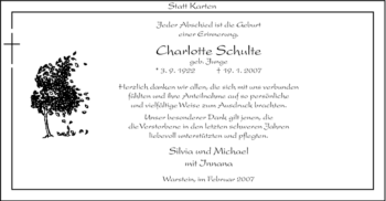 Todesanzeige von Charlotte Schulte von WESTFÄLISCHER ANZEIGER