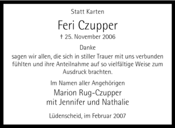 Todesanzeige von Feri Czupper von WESTFÄLISCHER ANZEIGER