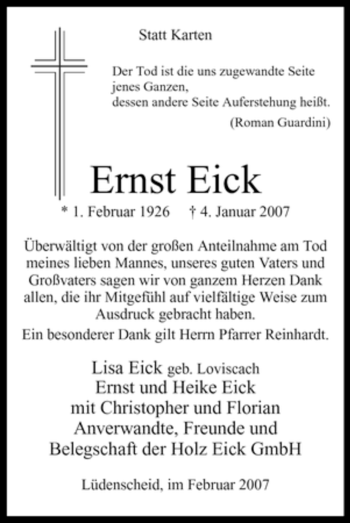 Todesanzeige von Ernst Eick von WESTFÄLISCHER ANZEIGER