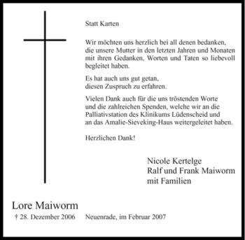 Todesanzeige von Lore Maiworm von WESTFÄLISCHER ANZEIGER