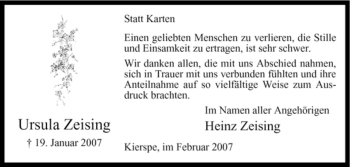 Todesanzeige von Ursula Zeising von WESTFÄLISCHER ANZEIGER