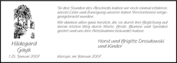 Todesanzeige von Hildegard Gayk von WESTFÄLISCHER ANZEIGER