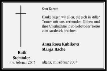 Todesanzeige von Ruth Stemmler von WESTFÄLISCHER ANZEIGER