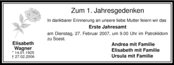 Todesanzeige von Elisabeth Wagner von WESTFÄLISCHER ANZEIGER