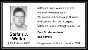Todesanzeige von Stefan J. Walter von WESTFÄLISCHER ANZEIGER