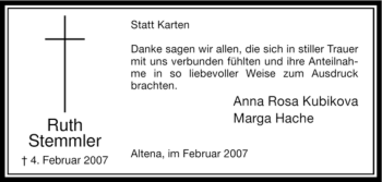 Todesanzeige von Ruth Stemmler von WESTFÄLISCHER ANZEIGER
