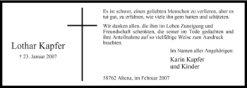 Todesanzeige von Lothar Kapfer von WESTFÄLISCHER ANZEIGER
