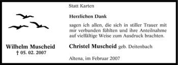 Todesanzeige von Wilhelm Muscheid von WESTFÄLISCHER ANZEIGER