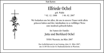 Todesanzeige von Elfriede Ochel von WESTFÄLISCHER ANZEIGER
