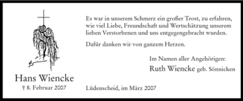 Todesanzeige von Hans Wiencke von WESTFÄLISCHER ANZEIGER