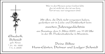 Todesanzeige von Elisabeth Schmidt von WESTFÄLISCHER ANZEIGER
