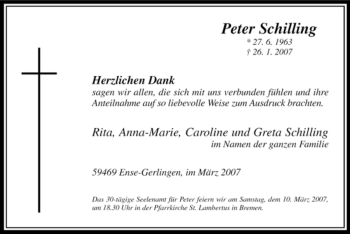Todesanzeige von Peter Schilling von WESTFÄLISCHER ANZEIGER