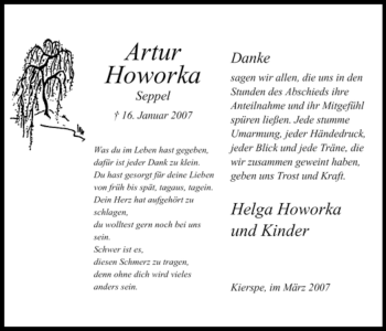 Todesanzeige von Artur Howorka von WESTFÄLISCHER ANZEIGER