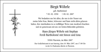 Todesanzeige von Birgit Wöhrle von WESTFÄLISCHER ANZEIGER