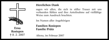 Todesanzeige von Erna Rosiepen von WESTFÄLISCHER ANZEIGER