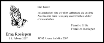 Todesanzeige von Erna Rosiepen von WESTFÄLISCHER ANZEIGER