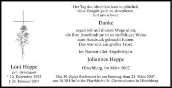 Todesanzeige von Loni Heppe von WESTFÄLISCHER ANZEIGER