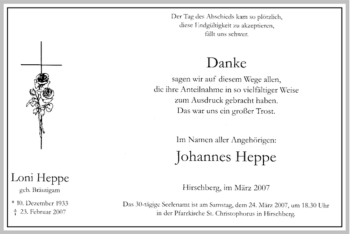 Todesanzeige von Loni Heppe von WESTFÄLISCHER ANZEIGER