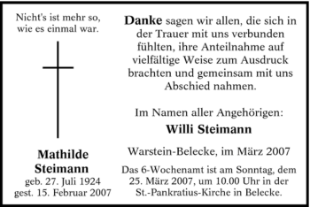 Todesanzeige von Mathilde Steimann von WESTFÄLISCHER ANZEIGER