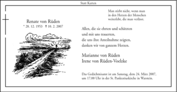 Todesanzeige von Renate von Rüden von WESTFÄLISCHER ANZEIGER