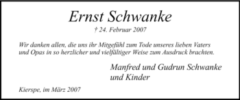 Todesanzeige von Ernst Schwanke von WESTFÄLISCHER ANZEIGER