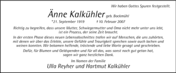 Todesanzeige von Änne Kalkühler von WESTFÄLISCHER ANZEIGER