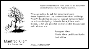 Todesanzeige von Manfred Kliem von WESTFÄLISCHER ANZEIGER