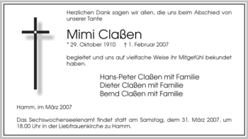 Todesanzeige von Mimi Claßen von WESTFÄLISCHER ANZEIGER