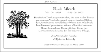 Todesanzeige von Rudi Ulrich von WESTFÄLISCHER ANZEIGER