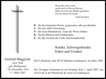 Todesanzeige von Gertrud Maggioni von WESTFÄLISCHER ANZEIGER
