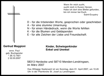 Todesanzeige von Gertrud Maggioni von WESTFÄLISCHER ANZEIGER
