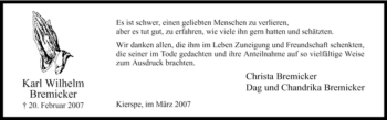 Todesanzeige von Karl Wilhelm Bremicker von WESTFÄLISCHER ANZEIGER