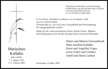 Todesanzeige von Mariechen Kallabis von WESTFÄLISCHER ANZEIGER