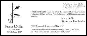 Todesanzeige von Franz Löffler von WESTFÄLISCHER ANZEIGER