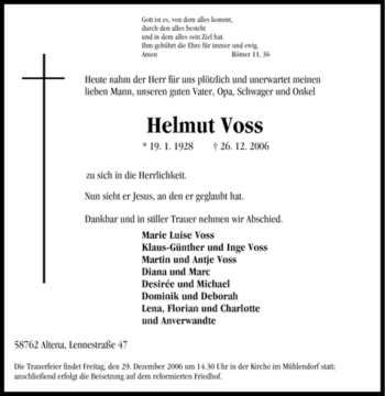 Todesanzeige von Helmut Voss von WESTFÄLISCHER ANZEIGER