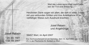 Todesanzeige von Josef Rebein von WESTFÄLISCHER ANZEIGER