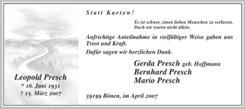 Todesanzeige von Leopold Presch von WESTFÄLISCHER ANZEIGER