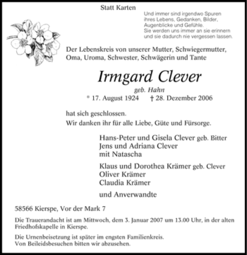 Todesanzeige von Irmgard Clever von WESTFÄLISCHER ANZEIGER