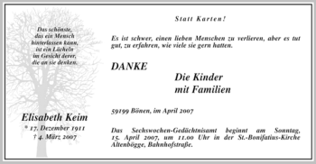 Todesanzeige von Elisabeth Keim von WESTFÄLISCHER ANZEIGER