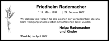Todesanzeige von Friedhelm Rademacher von WESTFÄLISCHER ANZEIGER