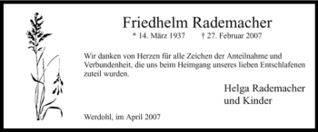 Todesanzeige von Friedhelm Rademacher von WESTFÄLISCHER ANZEIGER