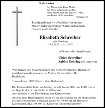Todesanzeige von Elisabeth Schreiber von WESTFÄLISCHER ANZEIGER