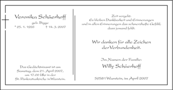 Todesanzeige von Veronika SChüerhoff von WESTFÄLISCHER ANZEIGER