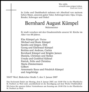 Todesanzeige von Bernhard August Kümpel von WESTFÄLISCHER ANZEIGER