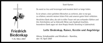 Todesanzeige von Friedrich Biedenkap von WESTFÄLISCHER ANZEIGER