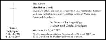 Todesanzeige von Trude Bräutigam von WESTFÄLISCHER ANZEIGER