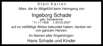 Todesanzeige von Ingeborg Schade von WESTFÄLISCHER ANZEIGER